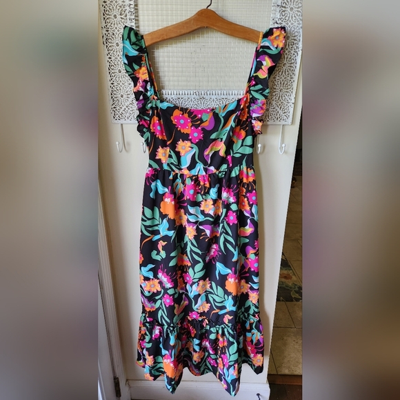 Tropical Floral Pink and Orange Sleeveless Sundress Midi Ruffled sz L - Picture 2 of 13